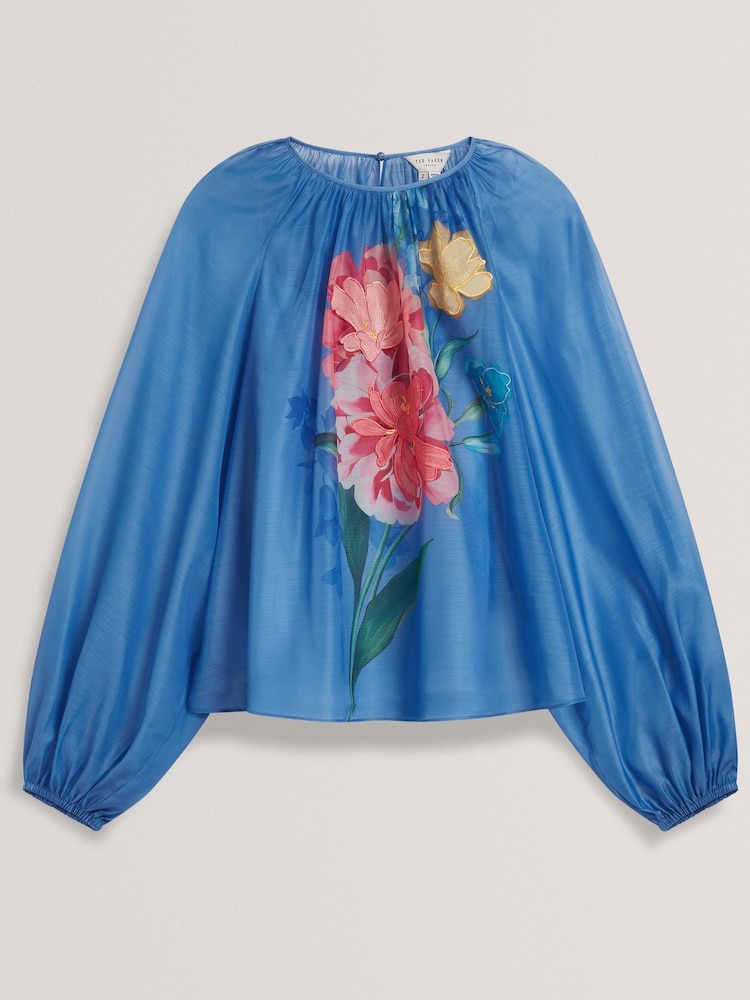 Ted Baker Blue Alria-Printed Organza Puff Sleeve Blouse - Image 4 of 5