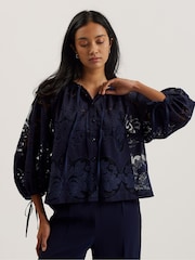 Ted Baker Blue Bacina Lace Puff Sleeve Blouse - Image 1 of 9