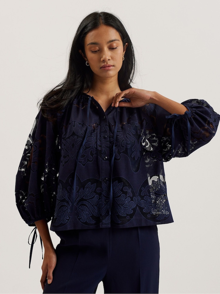 Ted Baker Blue Bacina Lace Puff Sleeve Blouse - Image 1 of 9