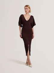 Ted Baker Brown Rebexxa V-Neck Knitted Midi Dress - Image 1 of 5