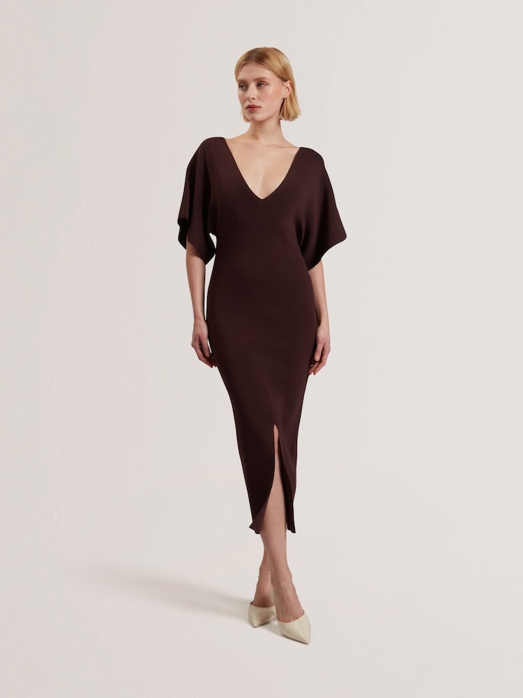 Ted Baker Brown Rebexxa V-Neck Knitted Midi Dress - Image 1 of 5