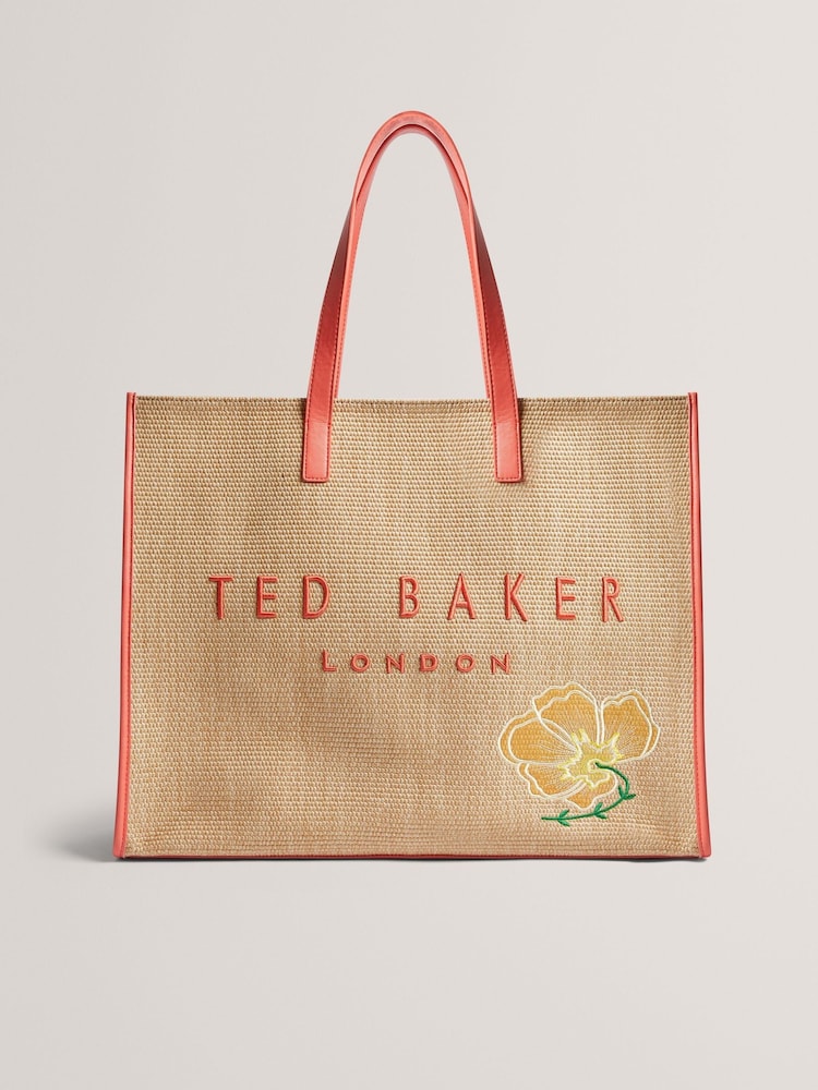 Ted Baker Orange Floraff-Floral Applique Extra Large Raffia Icon Bag - Image 1 of 4