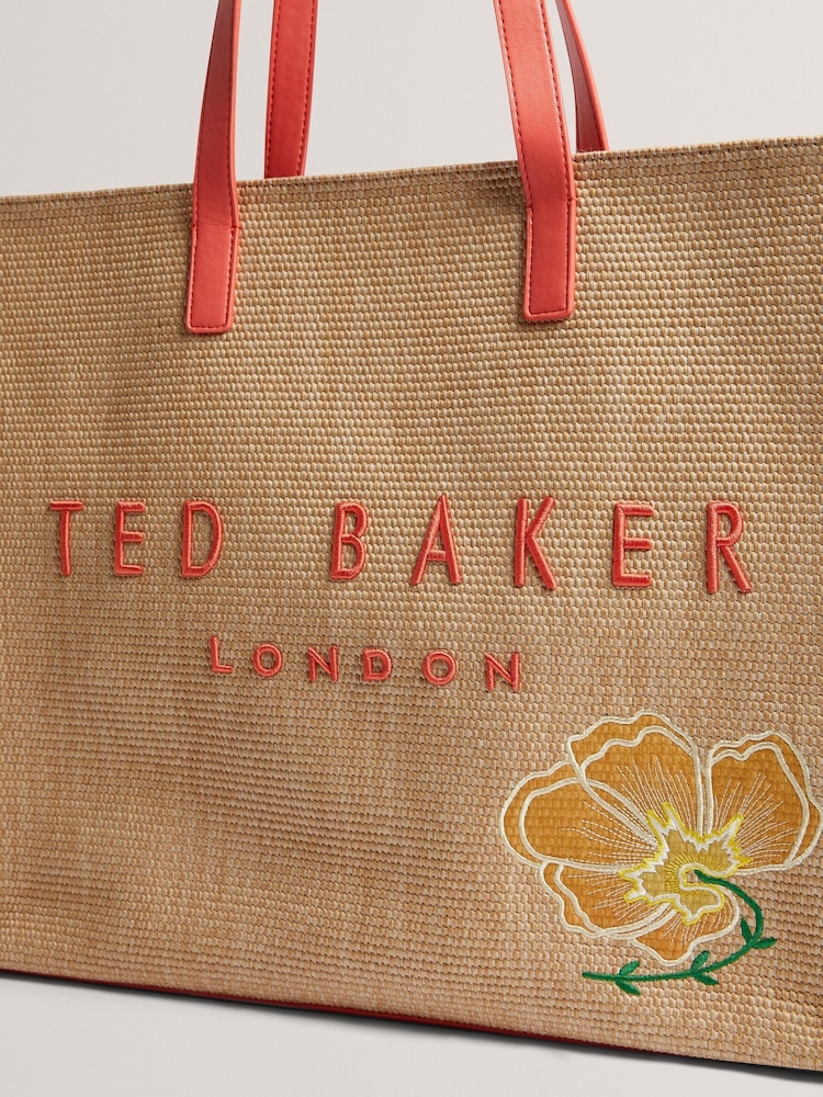 Ted Baker Orange Floraff-Floral Applique Extra Large Raffia Icon Bag - Image 2 of 4