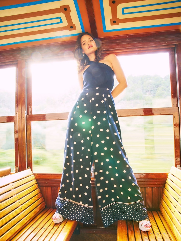 Ted Baker Blue Carmman Knit Bodice Polkadot Trouser Jumpsuit - Image 1 of 6 Ted Baker Blue Carmman Knit Bodice Polkadot Trouser Jumpsuit - Image 1 of 6