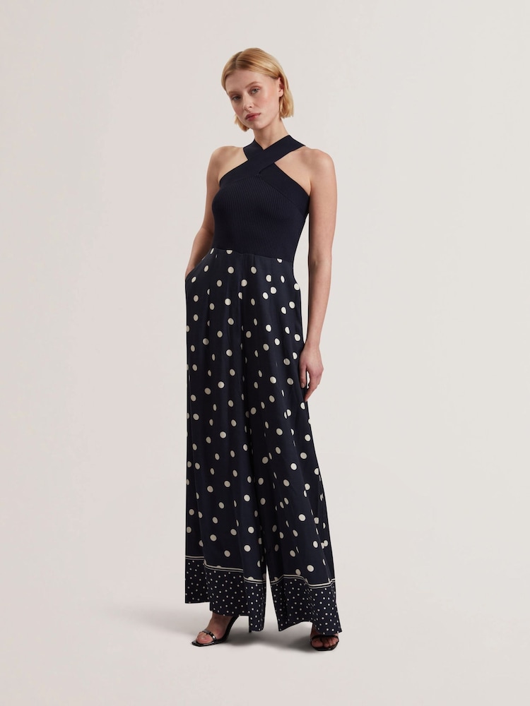 Ted Baker Blue Carmman Knit Bodice Polkadot Trouser Jumpsuit - Image 2 of 6