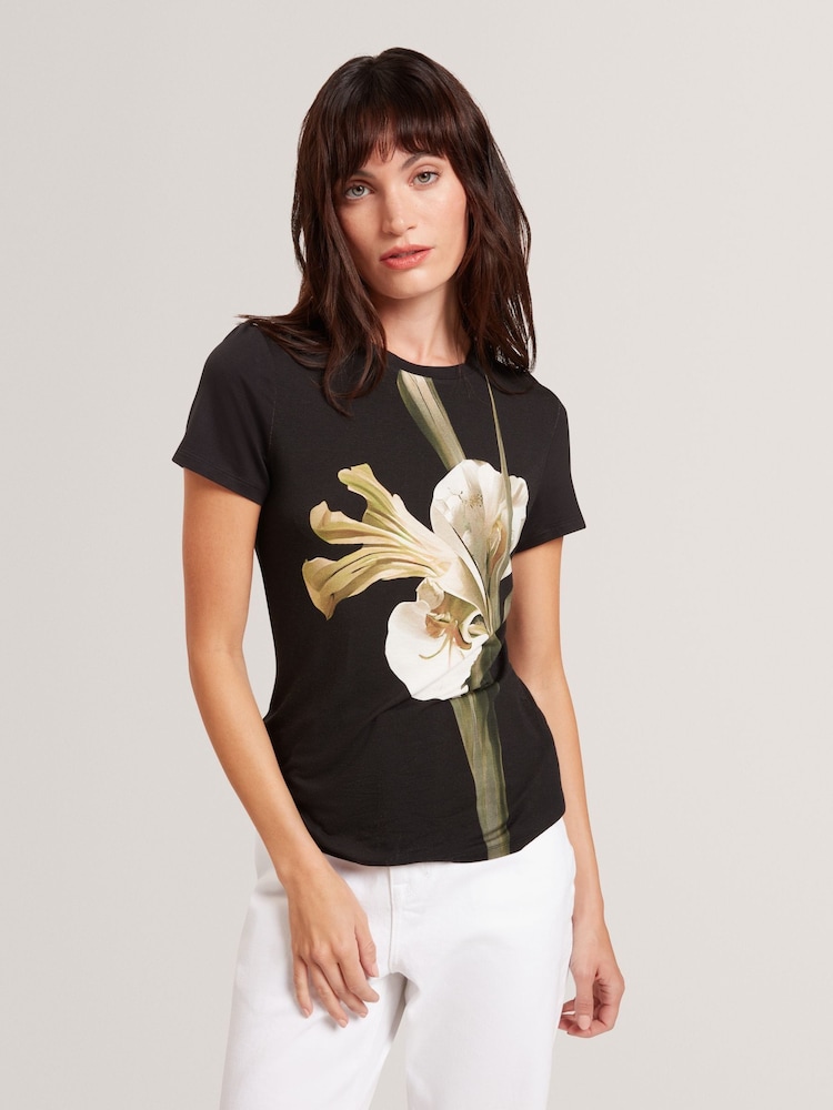 Ted Baker Black Gorgaa-Printed Fitted T-Shirt - Image 1 of 6