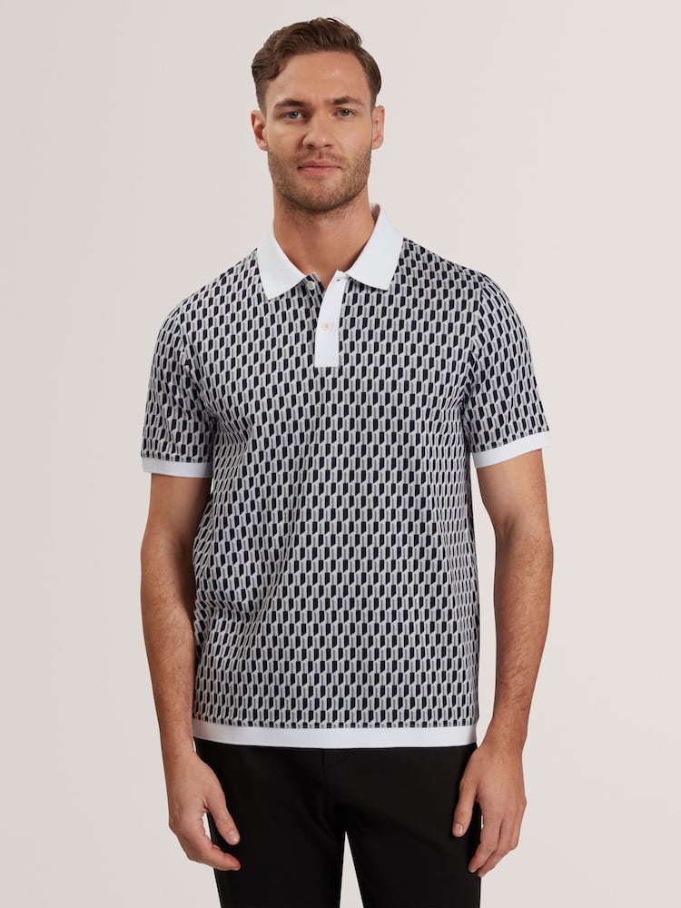 Ted Baker Blue Hamishs Jacquard Stripe Geo Short Sleeve Polo Shirt - Image 1 of 6 Ted Baker Blue Hamishs Jacquard Stripe Geo Short Sleeve Polo Shirt - Image 1 of 6