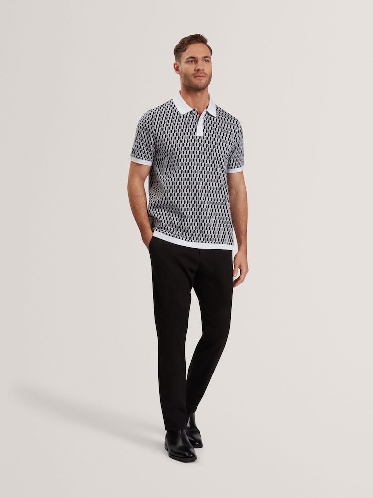 Ted Baker Blue Hamishs Jacquard Stripe Geo Short Sleeve Polo Shirt - Image 2 of 6