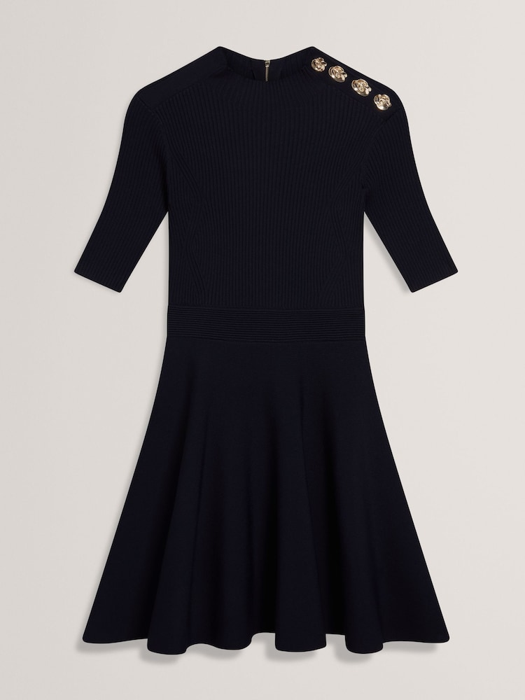 Ted Baker Blue Lilano Ribbed Knit Button Detail Skater Dress - Image 4 of 5