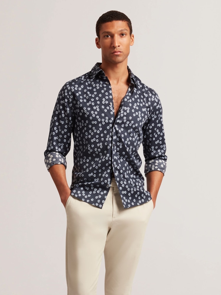 Ted Baker Blue Slim Nicko Long Sleeve Ditsy Floral Print Shirt - Image 1 of 8