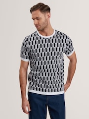 Ted Baker Blue Marvins Short Sleeve Jacquard Stripe Geo T-Shirt - Image 1 of 6