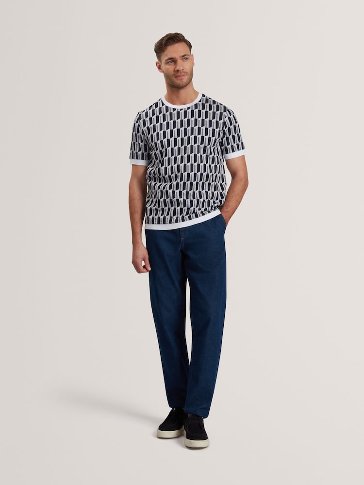 Ted Baker Blue Marvins Short Sleeve Jacquard Stripe Geo T-Shirt - Image 2 of 6
