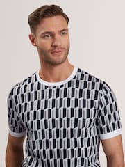 Ted Baker Blue Marvins Short Sleeve Jacquard Stripe Geo T-Shirt - Image 3 of 6