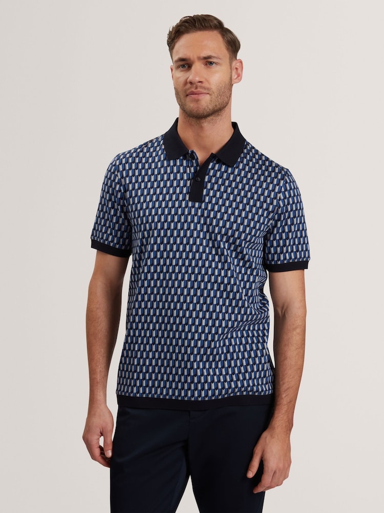 Ted Baker Blue Navy Hamishs Jacquard Stripe Geo Short Sleeve Polo Shirt - Image 1 of 6