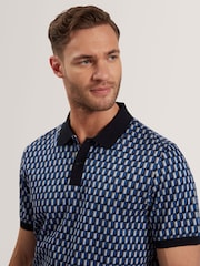 Ted Baker Blue Navy Hamishs Jacquard Stripe Geo Short Sleeve Polo Shirt - Image 3 of 6