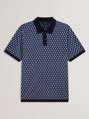 Ted Baker Blue Navy Hamishs Jacquard Stripe Geo Short Sleeve Polo Shirt - Image 5 of 6