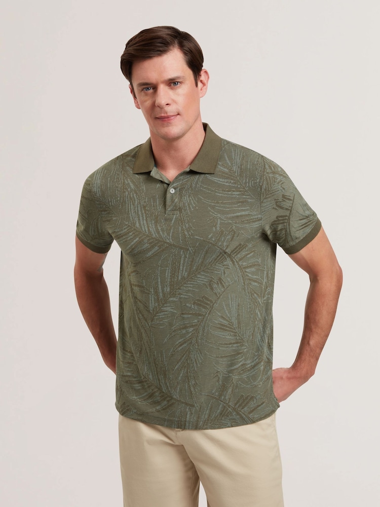 Ted Baker Green Edwine Short Sleeve Regular Leaf Print Polo Shirt - Image 1 of 6