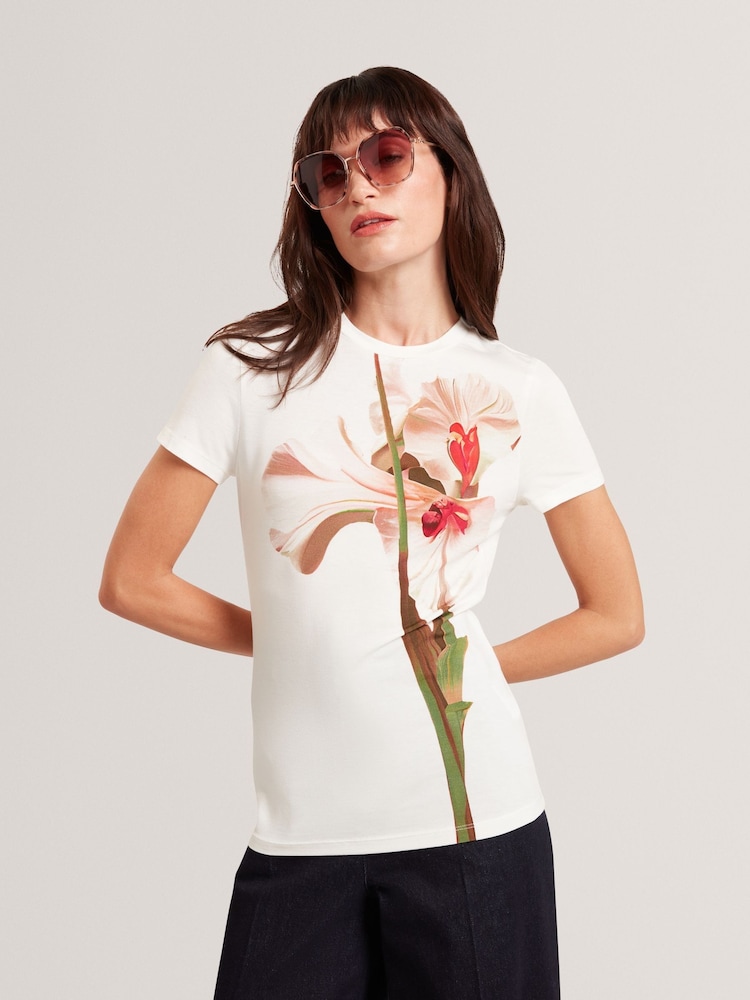 Ted Baker White Meeliee Printed Fitted T-Shirt - Image 1 of 10