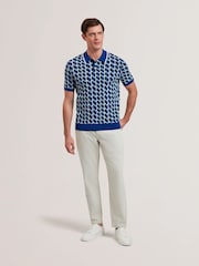 Ted Baker Blue Rossio Short Sleeve Rayon Geometric Polo Shirt - Image 2 of 6