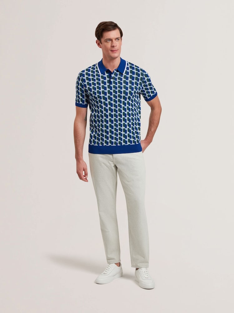 Ted Baker Blue Rossio Short Sleeve Rayon Geometric Polo Shirt - Image 2 of 6