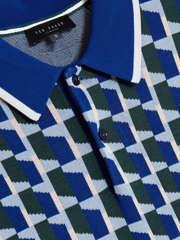 Ted Baker Blue Rossio Short Sleeve Rayon Geometric Polo Shirt - Image 3 of 6