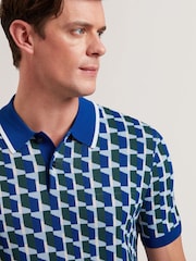 Ted Baker Blue Rossio Short Sleeve Rayon Geometric Polo Shirt - Image 4 of 6