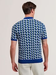 Ted Baker Blue Rossio Short Sleeve Rayon Geometric Polo Shirt - Image 5 of 6