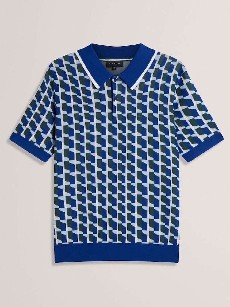 Ted Baker Blue Rossio Short Sleeve Rayon Geometric Polo Shirt - Image 6 of 6