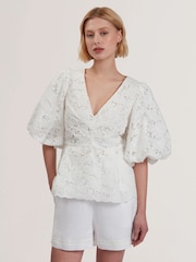 Ted Baker White Ellari-Tie Front Detail Balloon Sleeve Top - Image 1 of 5