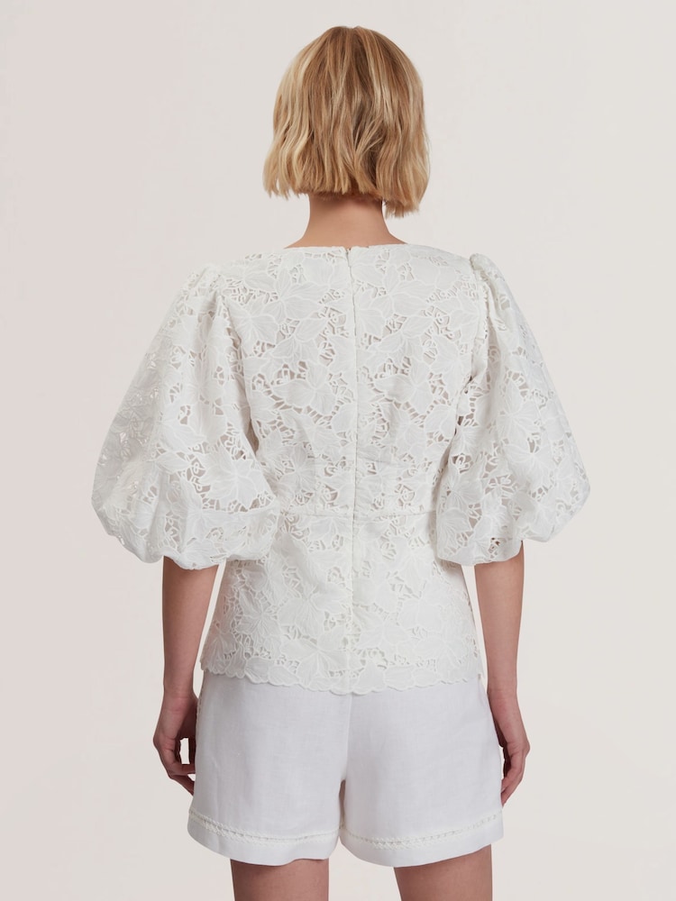 Ted Baker White Ellari-Tie Front Detail Balloon Sleeve Top - Image 2 of 5