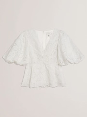 Ted Baker White Ellari-Tie Front Detail Balloon Sleeve Top - Image 4 of 5