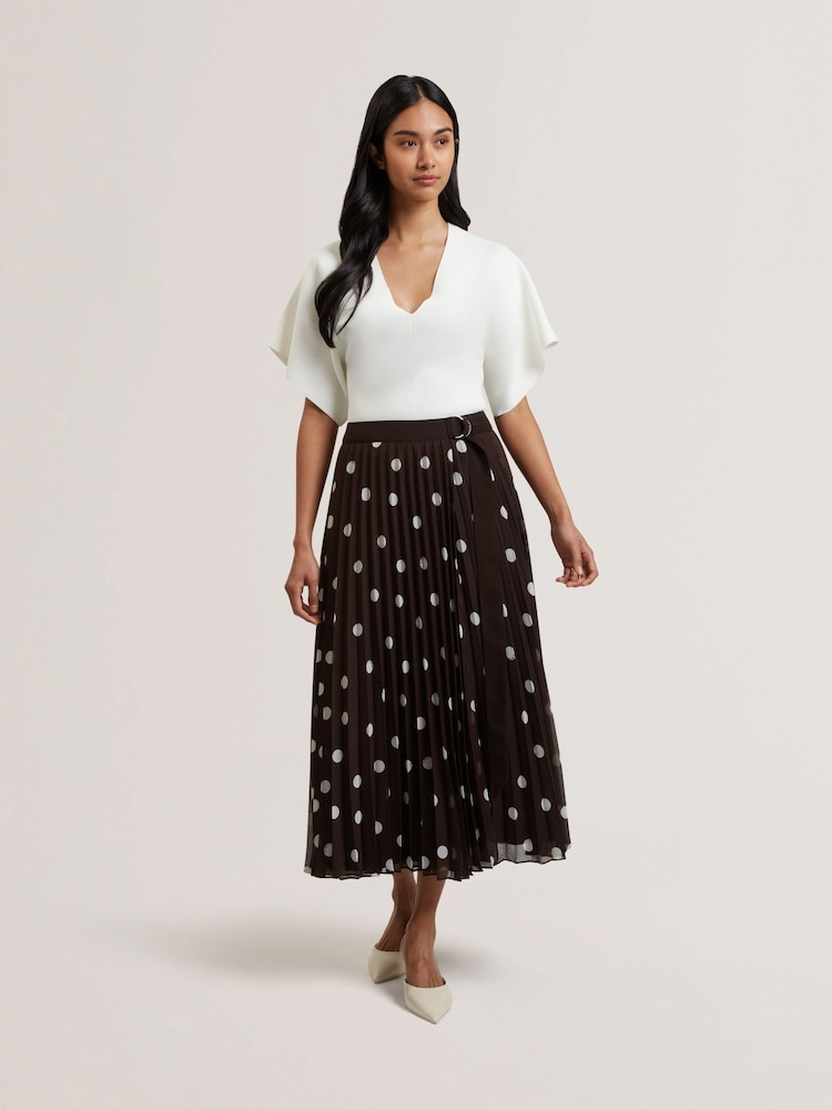 Ted Baker Brown Ereo Polka Dot Pleated Midi Skirt - Image 1 of 6