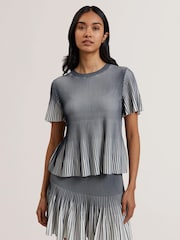 Ted Baker Blue Hethrr Textured Stripe Fluted Sleeve T-Shirt - Image 1 of 6