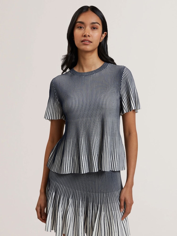 Ted Baker Blue Hethrr Textured Stripe Fluted Sleeve T-Shirt - Image 1 of 6
