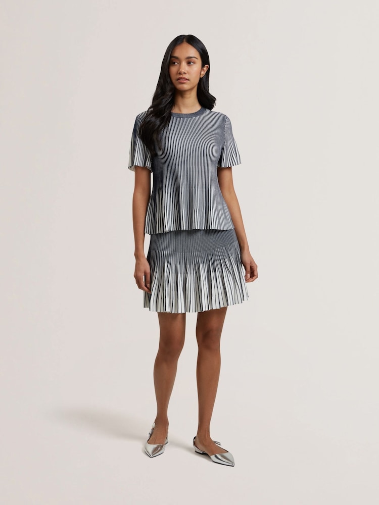 Ted Baker Blue Hethrr Textured Stripe Fluted Sleeve T-Shirt - Image 2 of 6