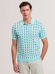 Ted Baker Green Rossio Short Sleeve Rayon Geometric Polo Shirt - Image 1 of 6