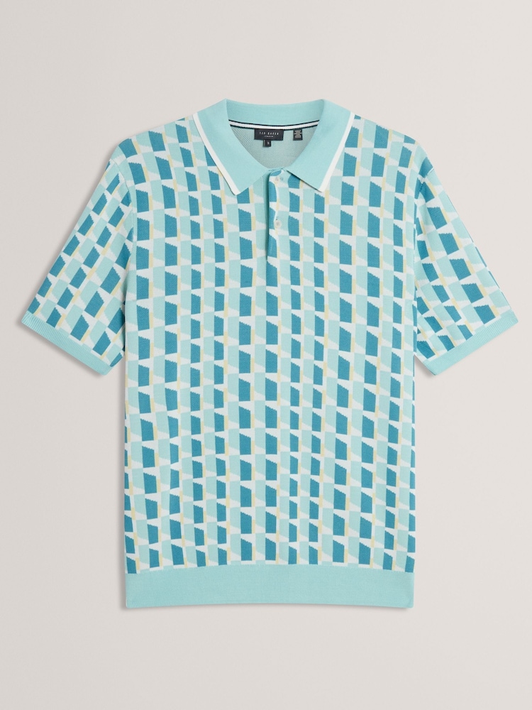 Ted Baker Green Rossio Short Sleeve Rayon Geometric Polo Shirt - Image 6 of 6