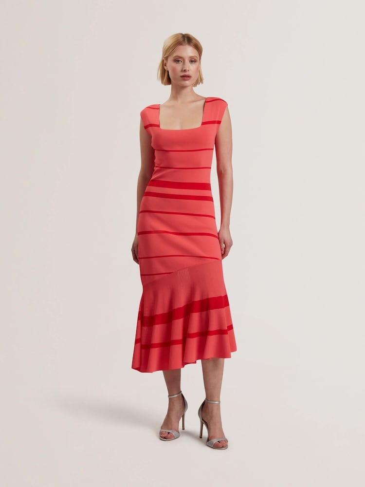 Ted Baker Orange Tilleea-Square Neck Stripe Knit Midi Dress - Image 1 of 5