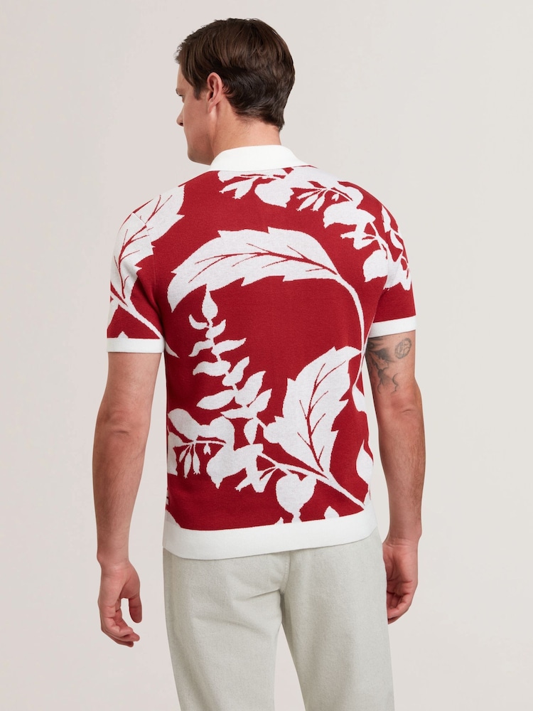 Ted Baker Red Edson Button Through Floral Polo Shirt - Image 4 of 6