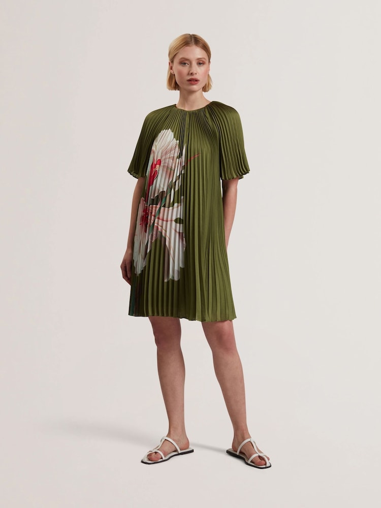 Ted Baker Green Vinlaa Short Sleeve Pleated Mini Dress - Image 1 of 5