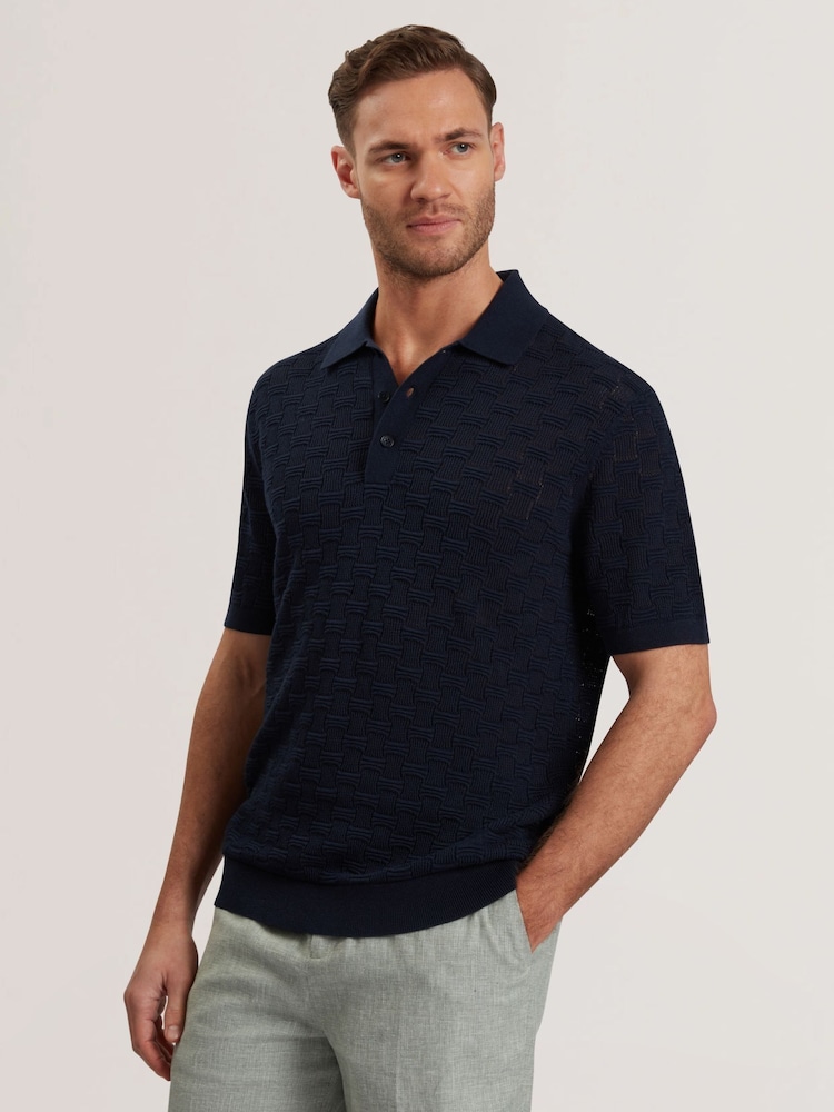 Blau - Ted Baker Waterby Short Sleeve Textured Silk Polo Shirt - Bild 1 von 6