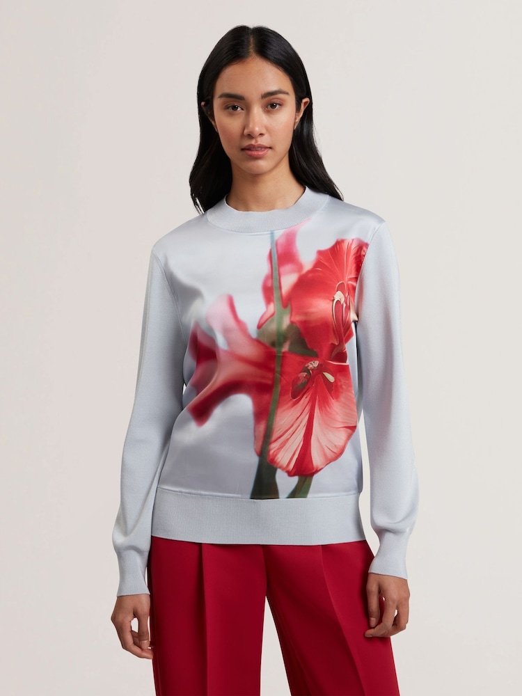 Ted Baker Blue Eloaa-Woven Front Printed Sweater - Image 1 of 6