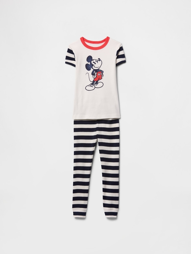 Gap White & Black Mickey Mouse Disney Cotton Short Sleeve Striped Pyjamas (6mths-5yrs) - Image 1 of 3