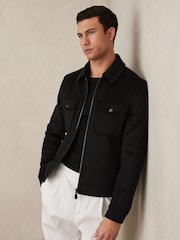 Reiss Black Peridoe Zip-Through Trucker Jacket With Wool - Image 1 of 6