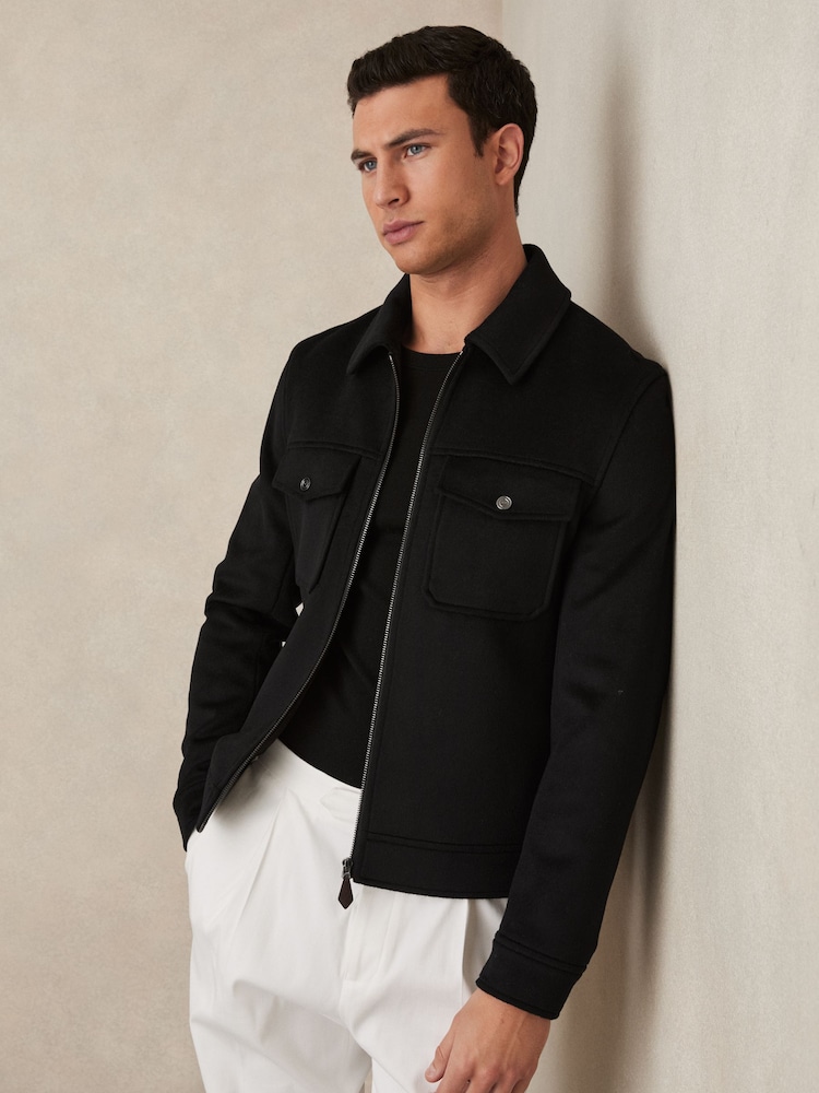 Reiss Black Peridoe Zip-Through Trucker Jacket With Wool - Image 1 of 6