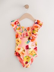 Pink Floral Shirred Frill Sleeve Swimsuit (3-16yrs) - Image 1 of 5
