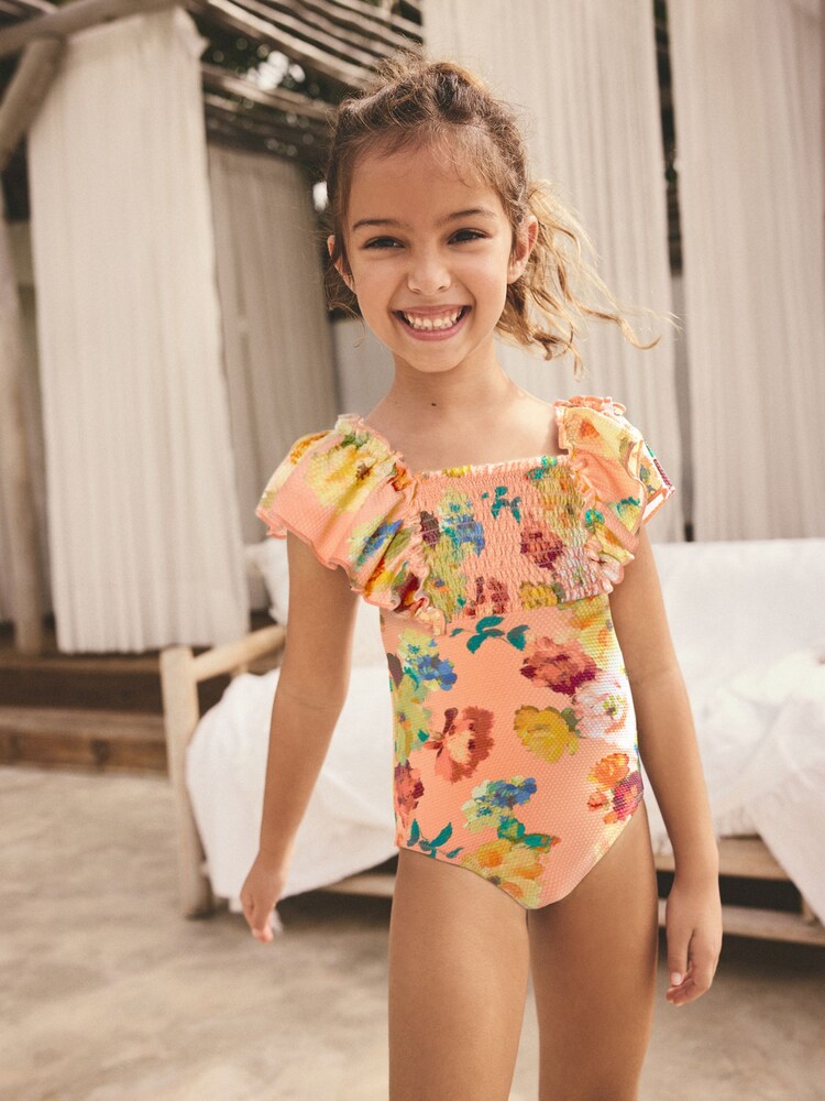 Pink Floral Shirred Frill Sleeve Swimsuit (3-16yrs) - Image 2 of 5