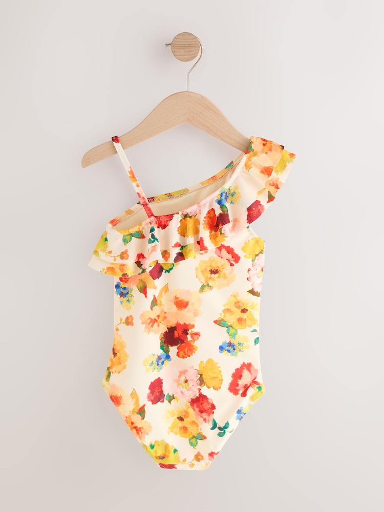 Pink/Cream Floral Frill One Shoulder Ruffle Swimsuit (3-16yrs) - Image 2 of 4