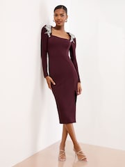 Lipsy Wine Petite Embellished Shoulder Trim Long Sleeve Bodycon Midi Dress - Image 1 of 4