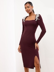 Lipsy Wine Petite Embellished Shoulder Trim Long Sleeve Bodycon Midi Dress - Image 3 of 4